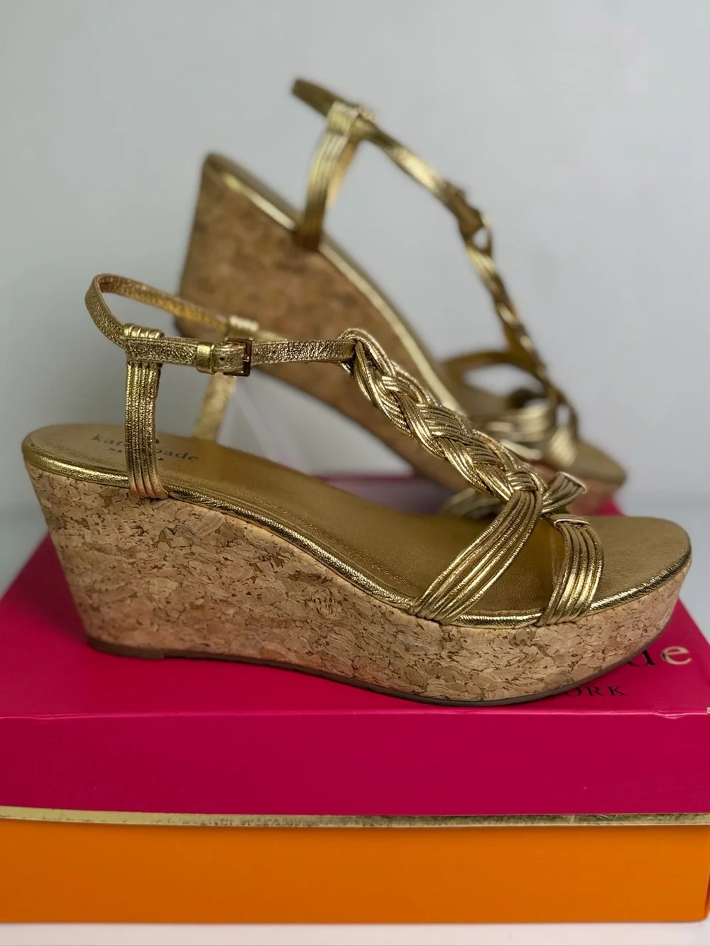 Kate Spade NY Becca Gold Metallic Cork Wedge Gladiator Sandal Women's Size 10M